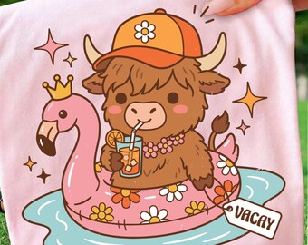 Sommer Highland Kuh PNG, süße Kuh Vacay Shirt Design, Flamingo Pool Float Urlaub Sublimation Download