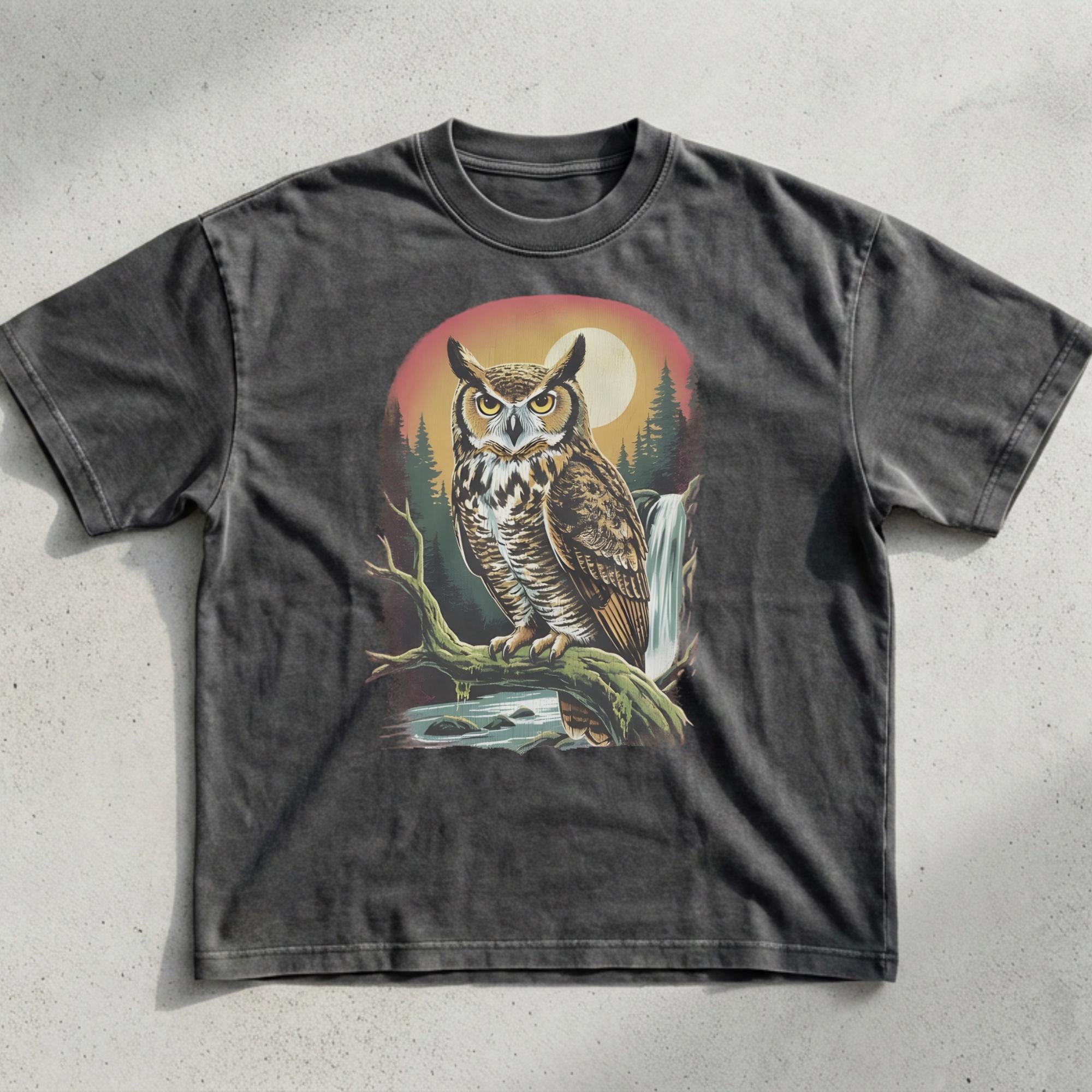 Owl Moon Forest Shirt, Vintage 90s Stlye T-Shirt, Great Horned Owl Tee, Retro Woodland Owl With Wate
