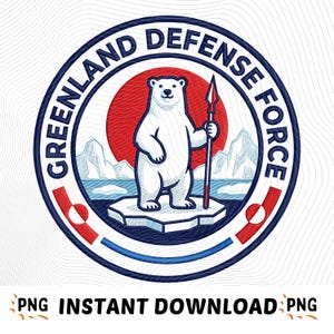 May include: Circular emblem with a polar bear holding a spear, set against a red sun and mountains. The text "GREENLAND DEFENSE FORCE" surrounds the design. The image also includes the text "PNG INSTANT DOWNLOAD PNG".