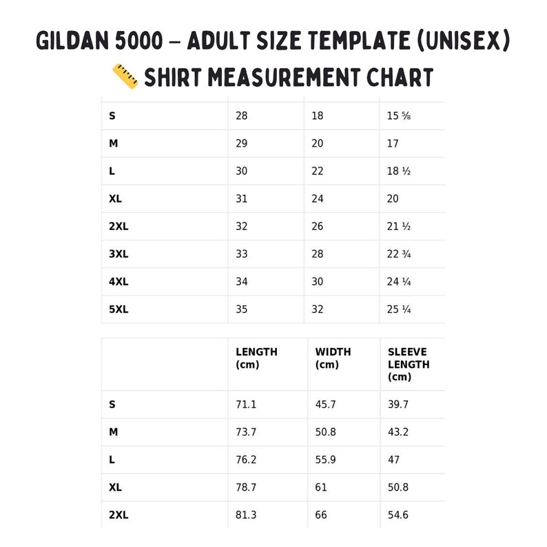 Puede incluir: Un gr&aacute;fico blanco con texto negro que detalla las medidas de las camisas para tallas unisex para adultos Gildan 5000. El gr&aacute;fico incluye medidas de largo, ancho y largo de manga en cent&iacute;metros.