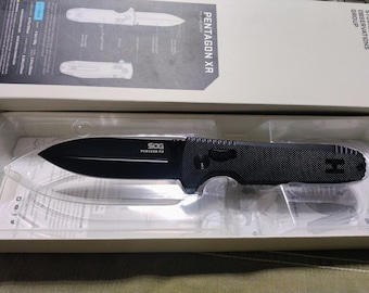 SOG pentagon folding knife in box coyote black scales