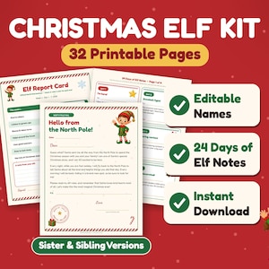 Christmas Elf Kit Printable: Editable Arrival & Goodbye Letters, Report Cards, 24 Daily Notes
