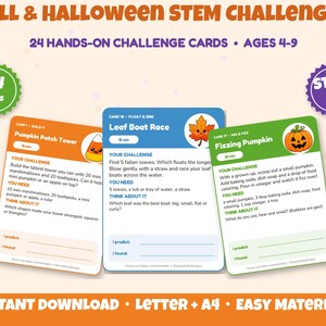 May include: A set of 24 Fall and Halloween STEM challenge cards for ages 4-9. The cards feature activities like Pumpkin Patch Tower, Leaf Boat Race, and Fizzing Pumpkin, including instructions, materials needed, and sections for predictions and findings.