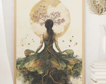 May include: A framed art print depicts a figure in a meditative pose, with a tree-like crown and roots extending from the dress. The artwork features a soft color palette of greens, browns, and pinks, with a large, pale yellow moon in the background.