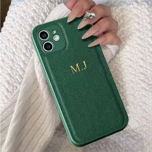 Gepersonaliseerde leren iPhone-hoes voor iPhone 16 15 14 13 Pro Max, Monogram Initialen Gravure Telefoonhoesje