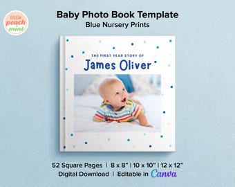 Blue Baby Book Photo Book, Album ze zdjęciami dla chłopców, Wydrukowana książka dla dzieci, Pierwszy rok życia, Pamiątkowy chłopiec, Szablon Canva, Wydruk do pokoju dziecięcego