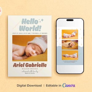 Annuncio di nascita gender-neutral, biglietto di annuncio di nascita con foto modificabile (maschio/femmina), modello digitale per annuncio di nascita su Canva, Hello World