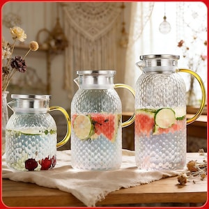 Textured Glass Pitcher, Cold Beverage Jug, Juice & Tea Server, Drink Dispenser for Home, Kitchen, Parties, Iced Water, Refreshing Drinks