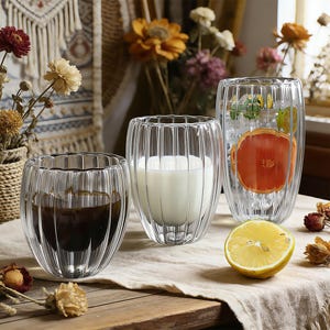 Dubbelväggig glasmugg, isolerad borosilikatmugg, randigt äggformat glas, värmebeständig juice-tekopp, klart dricksglas