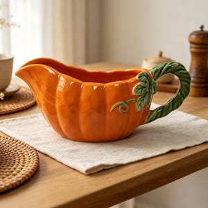 Puede incluir: Una salsera de cerámica con forma de calabaza de color naranja brillante y acabado esmaltado. El recipiente cuenta con un asa verde texturizada y curvada que imita una enredadera, con hojas esculpidas y un pequeño zarcillo en el lateral.