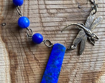 Lapis Lazuli Dragonfly Necklace: Vintage Brass Pendant