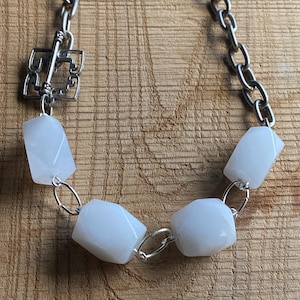 Beautiful Milk Agate Bead Necklace with Silver tone Chain and Clasp