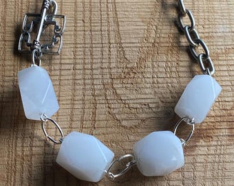 Milk Agate Bead Necklace: Vintage Silver Tone Chain