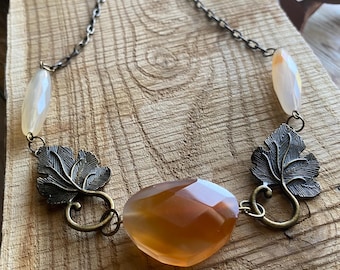 Agate Statement Necklace w/ Brass Leaves