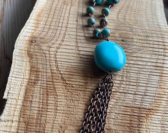 Copper and Turquise Tassel Necklace with vintage Turquise Beads