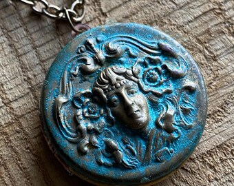 Art Nouveau Brass Cameo Locket Necklace with Natural Green Patina
