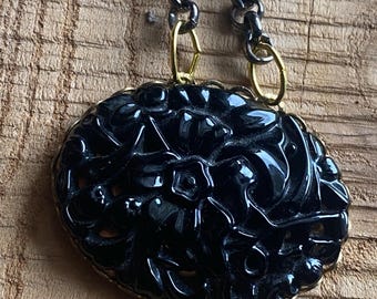 Black Glass Floral Cabochon Necklace: Brass & Black Chain