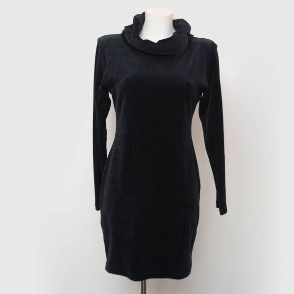 Vintage long sleaved loose turtleneck élastique robe noire en velours côtelé deadstock