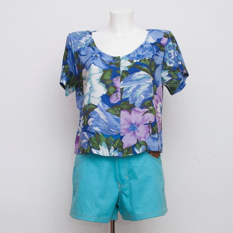 NOS vintage crop top Floral blue shirt size M image 4