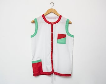 80's White red green blouse NOS Vintage Size S