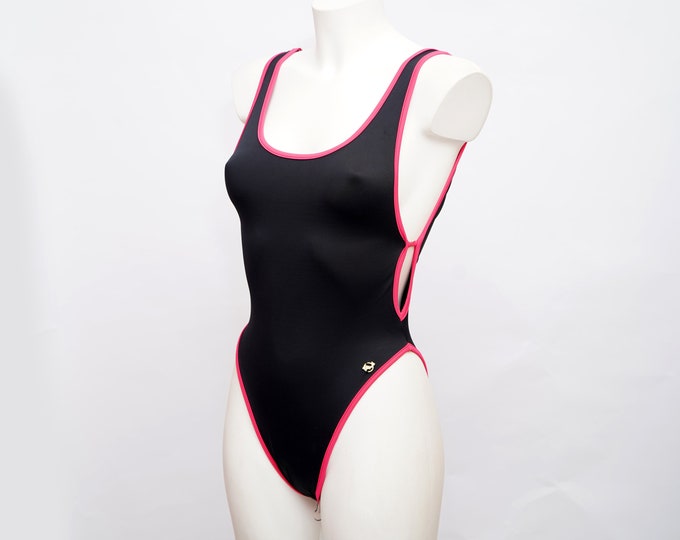 swimsuit 90s NOS Vintage black and hot pink