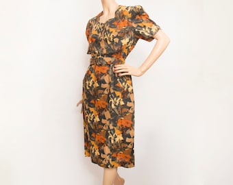 80s Vintage floral pencil dress  dead stock brown orange