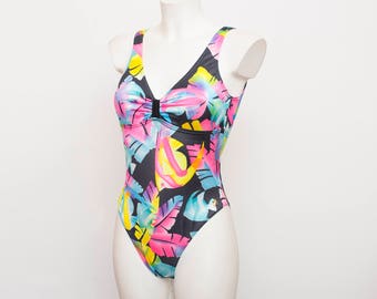 one piece 90s swimsuit NOS Vintage high cut multicolor