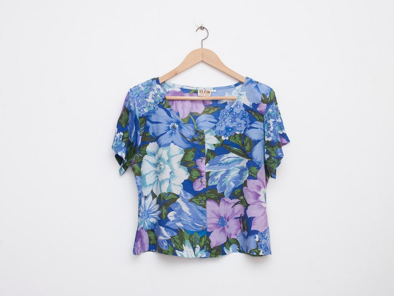 NOS vintage crop top Floral blue shirt size M image 1
