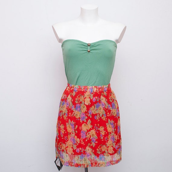 floral chiffon pleated Skirt NOS Vintage red size… - image 3