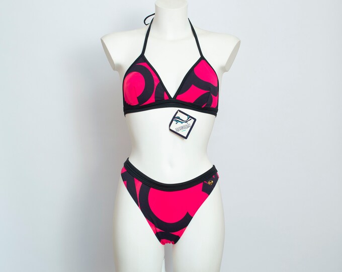 hight cut 90s bikini NOS Vintage hot pink and black Size S