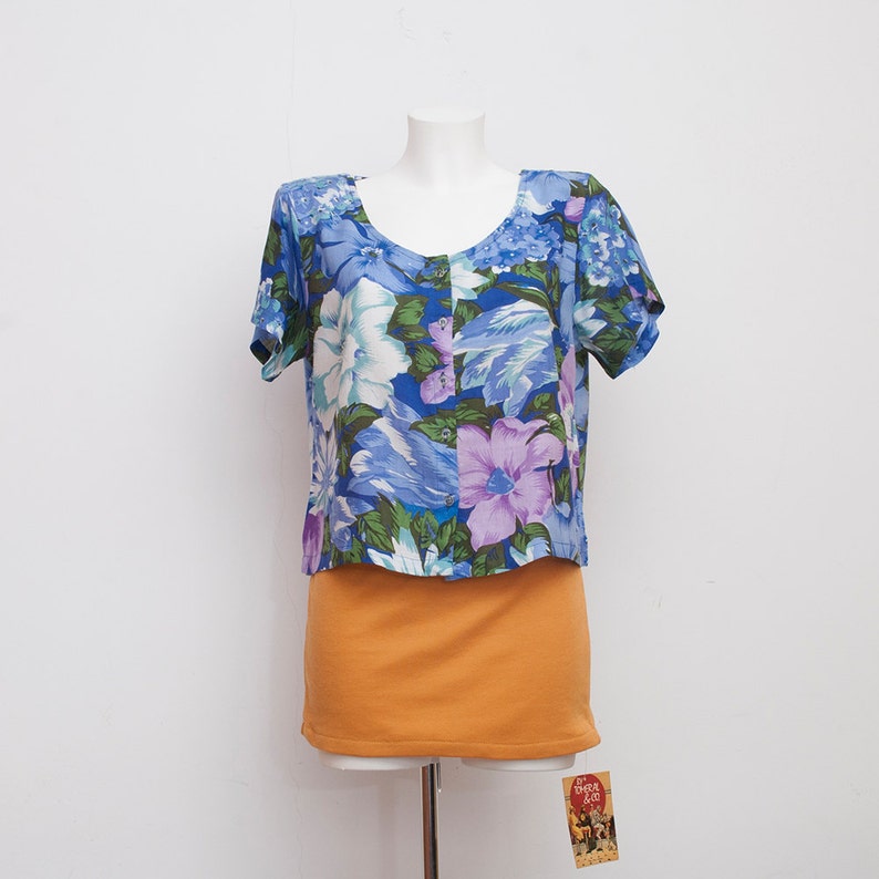 NOS vintage crop top Floral blue shirt size M image 3