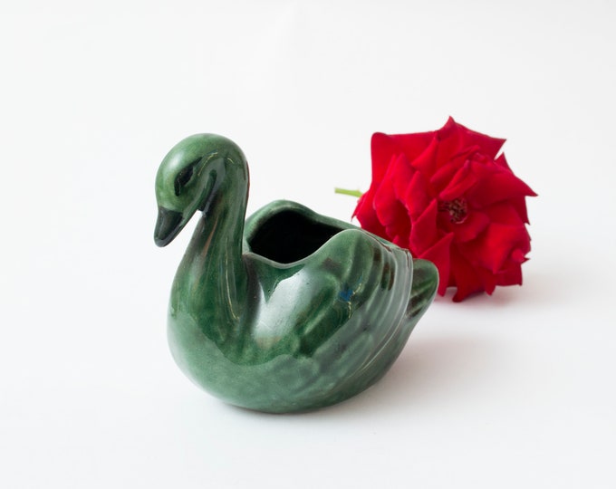 Vintage ceramic swan green vase