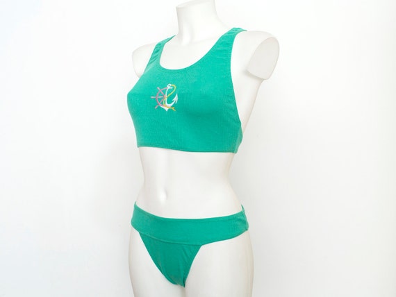 90s bikini  ribbed cotton NOS Vintage green deads… - image 1