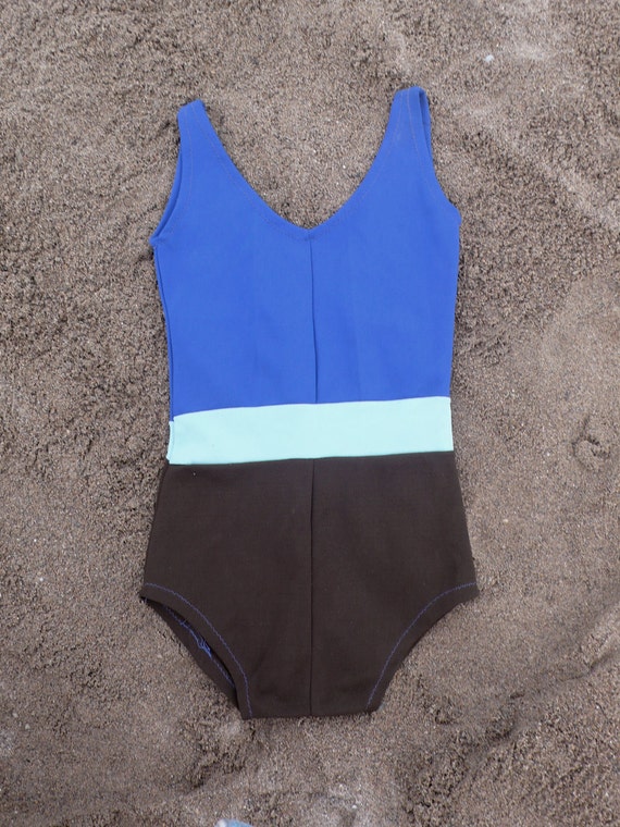 60s NOS Vintage girl swimsuit blue brown - image 3