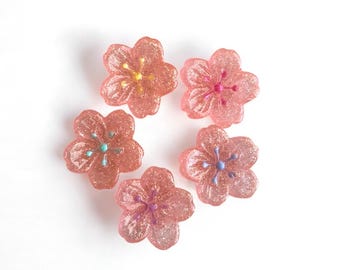 Sakura Flower Resin Magnet – Handmade Pink Cherry Blossom Fridge Decor, Cute Glitter Floral Gift, Kawaii Home Accent | set of 5