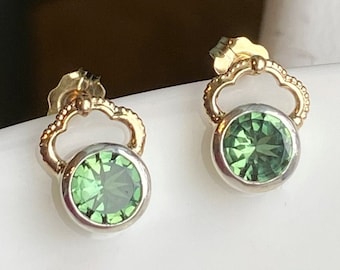 Green Gemstone Earrings, Gold and Silver Earrings, Beaded 14kt Gold and Sterling Silver Stud Earrings