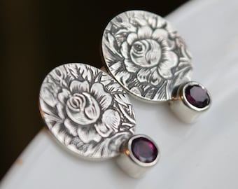 Silver Garnet Earrings, Stamped Flower Sterling Silver Purple Garnet Stud Earrings, Engraved Look