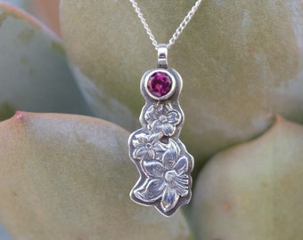 Sterling Silver Necklace, Red Garnet Pendant, Sterling Silver Pendant, Floral Necklace, Garnet Jewelry