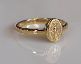 Miraculous Medal Ring Solid Gold - 14kt Yellow Gold Ring