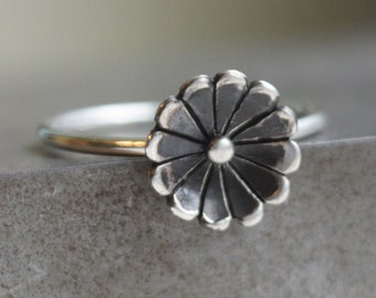 Sterling Silver Flower Ring, Floral Stacking Ring,