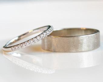 Wedding Ring Set- His and Hers Diamond Wedding Band, Heirloom White Gold Ring, Wedding Ring