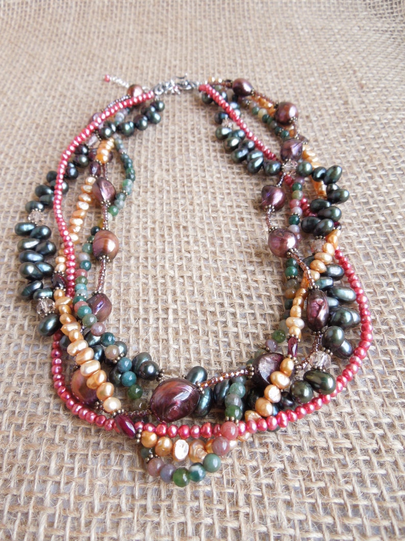 Braided Necklace in Earth Tones Multiple Strand Natural Stones Jasper and Garnet Freshwater Pearls and Swarovski Crystals Earthy image 5