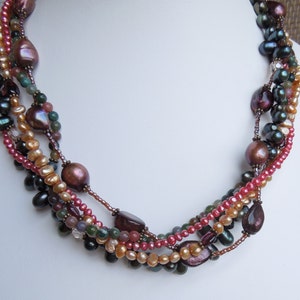 Braided Necklace in Earth Tones Multiple Strand Natural Stones Jasper and Garnet Freshwater Pearls and Swarovski Crystals Earthy image 2