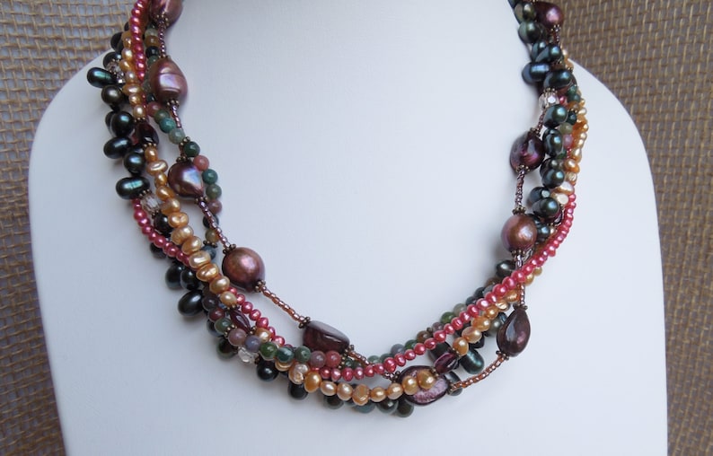 Braided Necklace in Earth Tones Multiple Strand Natural Stones Jasper and Garnet Freshwater Pearls and Swarovski Crystals Earthy image 2