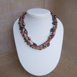 Braided Necklace in Earth Tones Multiple Strand Natural Stones Jasper and Garnet Freshwater Pearls and Swarovski Crystals Earthy image 3