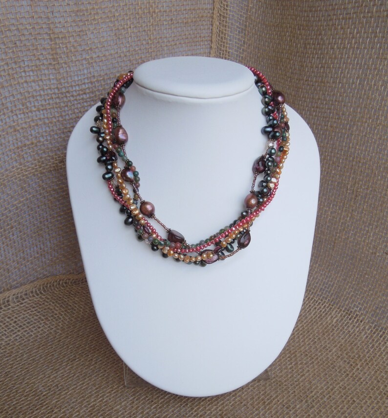 Braided Necklace in Earth Tones Multiple Strand Natural Stones Jasper and Garnet Freshwater Pearls and Swarovski Crystals Earthy image 3