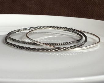 Sterling Silver Bangle Bracelet Set, Stacking Bangles, Rope and Dot Bangles, Solid Sterling 925