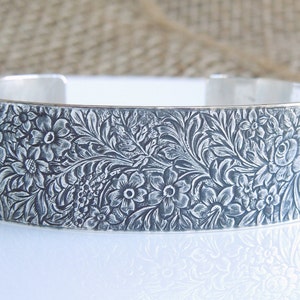 Sterling Silver Cuff Bracelet, Antiqued Floral Leaf, Wide Silver Cuff, Solid Sterling 925 - 3/4 Inch Wide