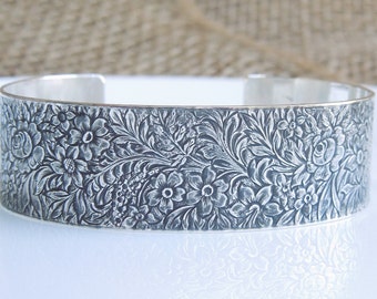 Sterling Silver Cuff Bracelet, Antiqued Floral Leaf, Wide Silver Cuff, Solid Sterling 925 - 3/4 Inch Wide