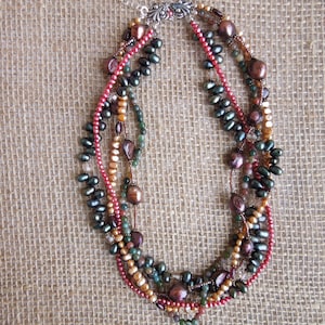 Braided Necklace in Earth Tones Multiple Strand Natural Stones Jasper and Garnet Freshwater Pearls and Swarovski Crystals Earthy image 1